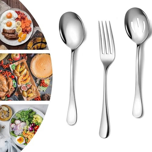 Set di 3 cucchiai da portata, posate in acciaio inox, cucchiai da portata, forchetta da portata, cucchiai da tavola, per buffet, feste, banchetti, utensili da cucina