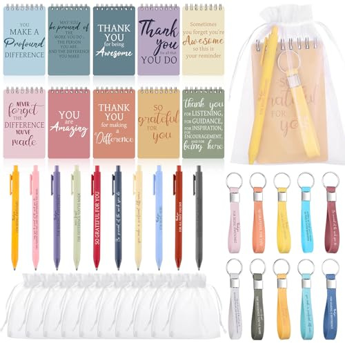 Kklolai 40 Pcs Employee Appreciation Gifts Bulk Inspirational Bamboo Ballpoint Pens Thank You Silicone Keychains Encouraging Quotes Pocket Notebooks Organza Bag for Coworker Teacher Volunteer