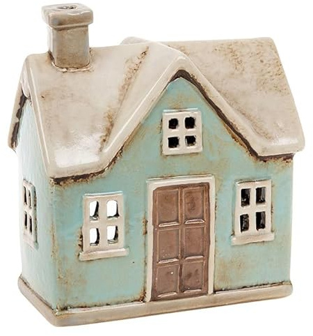 Lichthaus | Teelichthaus | Lichterhaus | Teelichthalter | Kerzenhalter | Keramik (Hellblau/Beige 15x13,7x7,5 cm)