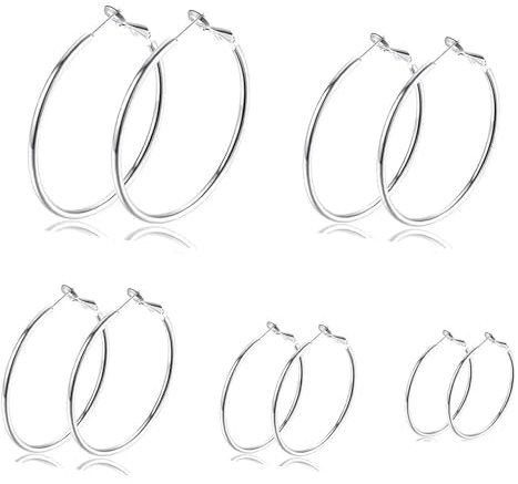 SSKHE 5 Pairs Lightweight Silver Hoop Earrings Large Thin Flexible Clasp Folding Round Circle Earrings 316L Stainless Steel Earing Non-allergic for Women s Boucle Doreille Femme 25/30/40/50/60/70mm