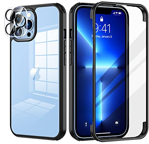 seacosmo for iPhone 13 Pro Max Case 6.7 Inch, Full-Body Shockproof Case with Built-in Glass Screen Protector and Camera Lens Protector Rubber Bumper Case Cover for iPhone 13 Pro Max - Black/Clear