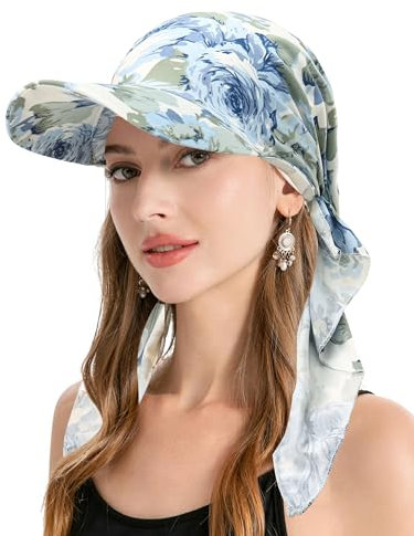 ZLYC Damen Chemo Headwear Brim Visor Hat Beanie-Mütze(Blaue Rose Weiß),Einheitsgröße