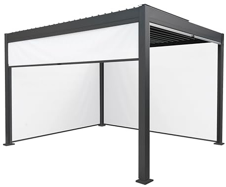 Metal Pergola 3m x 4m Anthracite Grey With 4 Retractable White Mesh Blinds Tilting Canopy Roof Aluminium Outdoor Garden Gazebo Sun Shelter Drainage Weather Resistant Tools & Ground Bolts Included