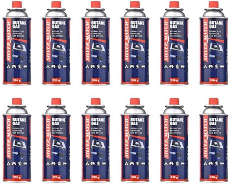HIBRON 12 Silver Match Cartuchos de Gas Butano 220g para Hornillos y Quemadores, Compatible con CP250 y la Mayoría de Hornillos de Camping