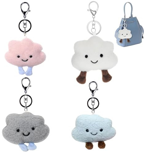 IFUDE 4 Stück Smile Wolken Schlüsselanhänger Plüsch, Niedlich Taschenanhänger für Damen Mädchen Kawaii Keychain Weiß Rucksäcke Anhänger