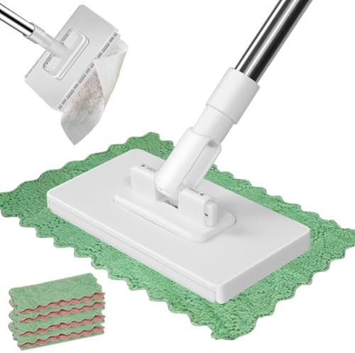 Dust Mops for Floor Cleaning | No-wash Face Towel Mop With 4 Reusable Cloths | Detachable Press Clamp Wipes Cleaner Aid, Household Washing Accessory for Kitchen Bedroom Pet Hair Bathroom