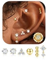 Finrezio 6 Paar Ohrringe Silber 925 Ohrstecker Set Vergoldet 14K Ohrstecker Klein Hypoallergene Ohrringe Stecker Zirkonia Baumelnde Kugel Blüte Knorpel Helix Piercing Ohr Gold