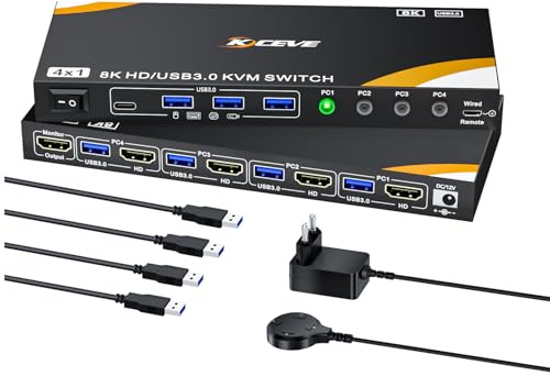 Camgeet HDMI KVM Switch 4 PC 1 Monitor 8K@60Hz, 4 Port HDMI 2.1 KVM Switch für 4 Computers teilen 1 monitor und 4 USB3.0 Geräte(Tastatur, Maus, Drucker), mit Wired Remote und 4 USB3.0 Kabeln