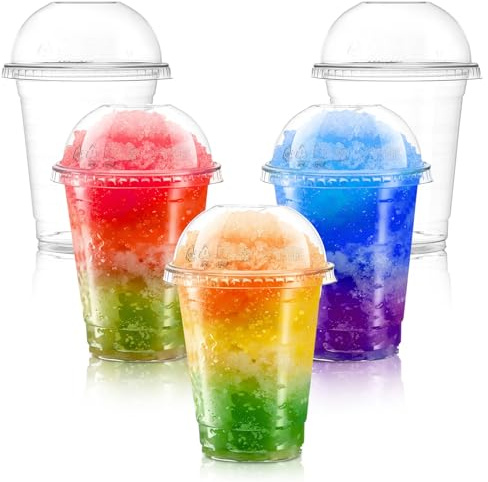Plastic Smoothie Cups with Dome Lids: 50 Pack 12oz Strong Clear Plastic Cups for Milkshakes, Smoothies, Iced Coffee, Slusly and Bubble Tea - Reusable Cups