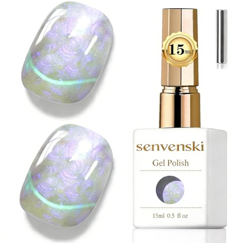 Senvenski Jelly Glass Cat Eye Gel Nail Polish with Magnet 15ML Magnetic 3D Galaxy Holographic Glitter Translucent Sheer Color Gel Polish Salon Home DIY (Aurora Mermaid Purple, MY1-040)