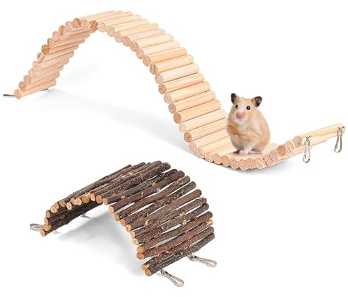 2 Stück Hamster Brücke, 60 X 8 cm Holzbrücke für Kleintiere mit Holzzaun 3 x 20 cm Hamster Holzzaun Meerschweinchen Spielzeug Verstecken für Mäuse Gerbils Papageien und Andere