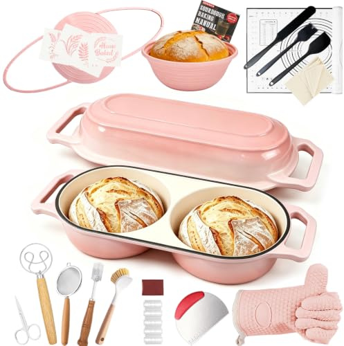 LINMAGCO Dutch Oven for Sourdough Bread Baking -17 Pcs Oval Cast Iron Pot Bread Pan with Lid, 500°F Oven-Safe Nonstick Bread Pan 2.2QT Dual Round Bread Loaf Pan for Meatloaf, Cake
