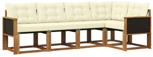 vidaXL Outdoor-Sofagarnitur mit Kissen 5 pcs Natur und Creme, Moderne Garten-Sofaset, wetterfestes Möbel, Bequeme Liege, stilvolles Outdoor-Sitzen für Entspannung