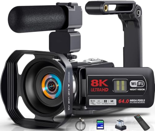 Videokamera Camcorder 8K 64MP WiFi 18X Digitalzoom Nachtsicht Vlog Kamera | Vlogging Camera mit IR Nachtsicht, HD 3.0'' Touchscreen, für YouTube/Webcam, 64GB SD-Karte, 2 Akkus, Mic und Fernbedienung