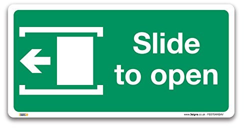 Slide to open left Fire exit Sign, Self-adhesive Vinyl Sticker 100x50mm, British Standard Fire Safety Door Signs