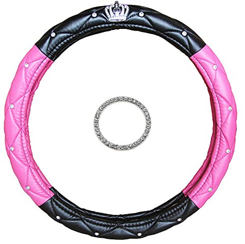 Universal Auto Lenkradhülle Lenkrad Abdeckung mit Krone und Diamanten Lenkradbezug aus PU Leder 38CM / 15'' Anti Rutsch Lenkradabdeckung Lenkradschoner für Damen & Mädchen
