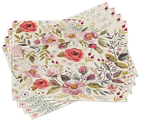 ABAKUHAUS Shabby Flora Platzmatten, Abstrakte Blumen Rosen, Waschbare Stoff Esszimmer Küche Tischdekorations Digitaldruck, Koralle Elfenbein