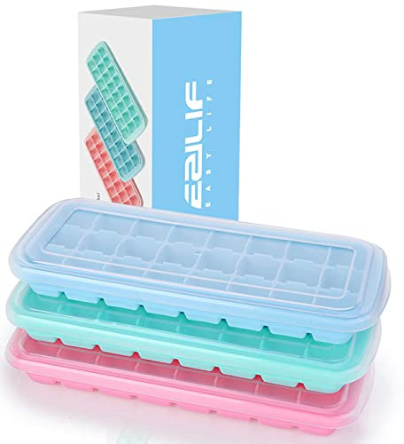 Ezilif Eiswürfelform Silikon mit Deckel 24-Fach 3er Pack, Eiswürfelformen Mit Deckel Ice Cube Tray LFGB Zertifiziert Eiswürfelschalen BPA Frei Eiswürfel einfach Herauszunehmen Blau/Pink/Grün