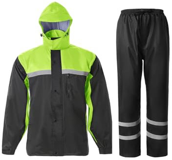 Herren Regenanzug Hohe Sichtbarkeit Reflektierende Arbeit Regenjacke Hose für alle Sport Bauernhof Angeln Motorrad, Hi-vis Black/Green, XXL