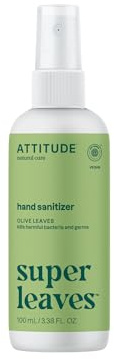 ATTITUDE Hand Sanitizer Spray, EWG Verified, Kills Germs & Bacteria, Vegan & Plant-Based, Safe for Adults & Kids, Olive Leaves Scent, 3.38 Fl Oz (Spray Bottle)