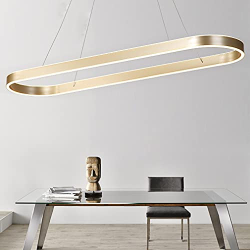 Pendelleuchte Modern Oval Esstischlampen LED Büro Hängeleuchte Dimmbar Wohnzimmer Deckenleuchte Höhenverstellbar Schlafzimmer Deko Hängend Lampen für Küche Bar Esszimmer Deckenlampe (Gold, L120CM)