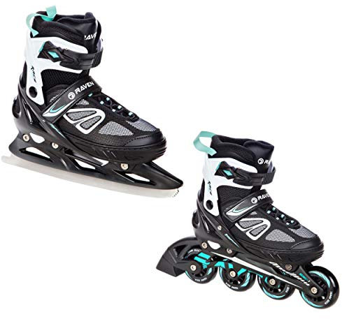 RAVEN Advance Inlineskates Inliner für Kinder und Erwachsene OPTIONAL 2in1 mit Schlittschuhen verstellbar (Black/Mint mit Kufen, 35-39 (23cm-25,5cm))