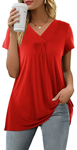 Florboom Rote Blusen für Damen Tops Sommer Locker Shirt V Ausschnitt Tunika Lang Rot XL