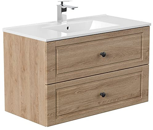 Lomadox Waschtisch mit Waschbecken Eiche hell Nb. Badmöbel im Landhausstil, B/H/T: ca. 91/55,8/46,5 cm