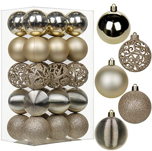 30 bolas de Navidad con cuerdas, adornos de bolas de Navidad de 60 mm, decoraciones colgantes de plástico inastillables dorado champán, bodas, vacaciones