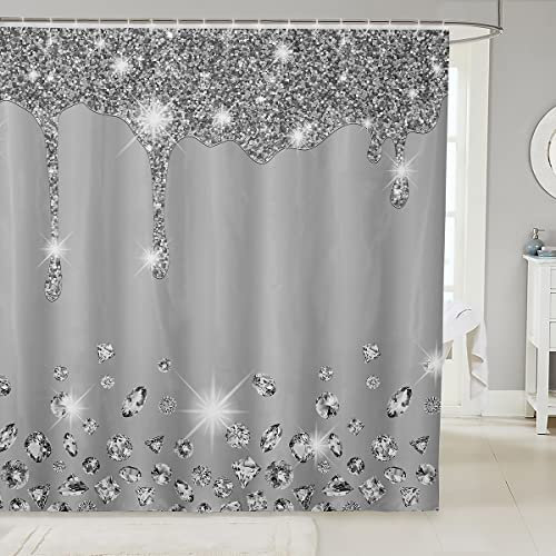Loussiesd Silver Glitter Shower Curtain (No Glitter) Bling Partyations Grey Bathroom Fabric Shower Curtain Set for Diamond and Jewelry Bath Curtain Waterproof Curtains Stalls Bathtubs 72x84 Inch