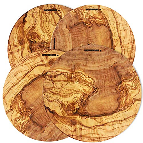 NATUREHOME 4er Set Pizzateller Holz rund 30cm Olivenholz massiv Holzteller für Pizza und Flammkuchen stapelbar lebensmittelechtes Holzgeschirr Käseplatte Servierplatte 4er Set