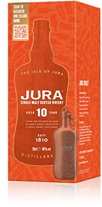 JURA - 10 Ans Coffret Whisky + Flasque - Whisky Single Malt - Notes de Chocolat Noir & Café Moulu - Origine : Écosse/Jura - 40% Alcool - 70 cl