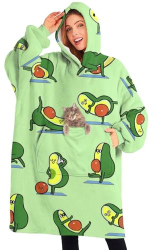 BlaHoo Lovely Pugs tragbare übergroße Decke, Sherpa-Decke, Hoodie mit super Taschen, super warmer flauschiger Pullover für Damen und Herren, Yoga-Avocado, Einheitsgröße