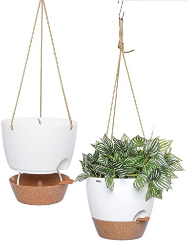 SwinDuck Selbstbewässernde Hängetöpfe, 25,4 cm, 2 Stück, hängende Pflanzgefäße mit 1,1 l tiefem Reservior für Innen- und Außenbereich, Weiß mit Braun