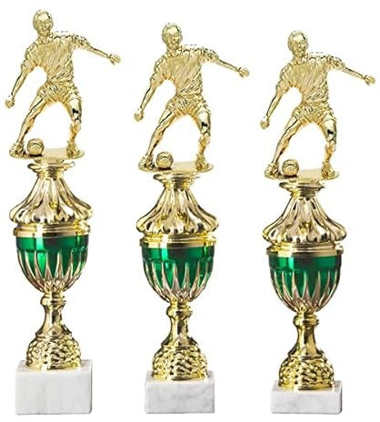 eberin Coupe de football, trophée de football pour buteurs, baby-foot, football, tournoi en salle, vert/doré avec gravure au choix en 3 tailles ou en lot de 3 (taille 35,5 cm)