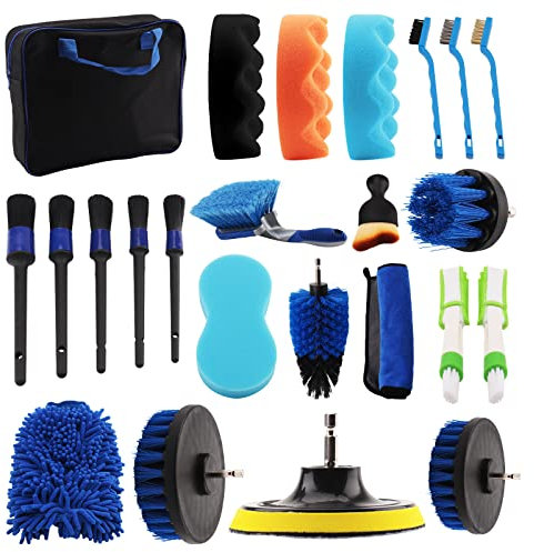 AFNCX Kit Limpieza Coche,24PCS Cepillo Lavar Coche Interior Exterior,Car Detailing Kit con Cepillos, Esponjas para Pulir, Cepillo para Detalles de Coche Y Más - Bolsa de Transporte Incluida