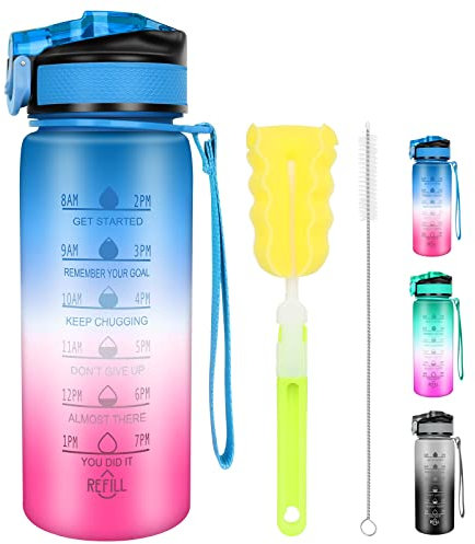 AMYANT Gourde de sport 700 ml avec paille et indicateur de temps de motivation, anti-fuite sans BPA Bleu rose