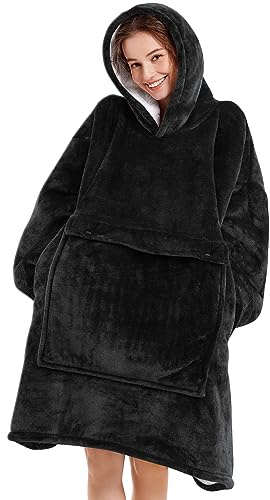 Narecte Oversized Blanket Hoodie Blanket for Women,Wearable Blanket Adult Giant Hoodie Cozy Sweatshirt Kawaii Stuff,Birthday Gifts for Women, for Sister,Teen Girl Gifts Black