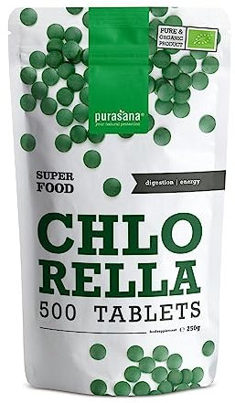 Purasana® Chlorella Biologique Pure, 500 comprimés, Jusqu'à 1500 mg par Dose. Paroi Cellulaire Brisée. Satiété Naturelle. Détox. Protéines Végétaliennes, Chlorophylle Biologique. Energie et Vitalité