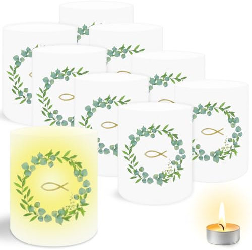 GOTFUN 20 Stücks Windlicht Lichthülle Teelampe und Kerzenhülle Hülse 10 x 8 cm Windlicht Tischdeko Fisch Eukalyptus für Hochzeits Konfirmation Taufe Erstkommunion Geburtstag Abendessen Deko
