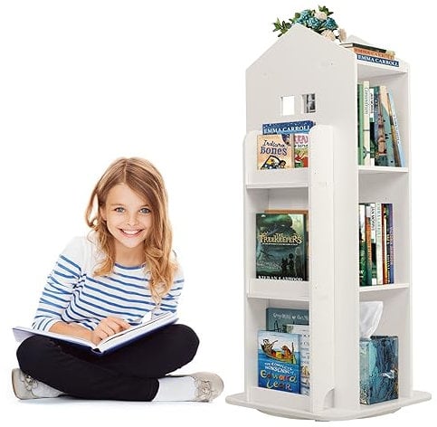 uyoyous 3-stufiges Drehbares Bücherregal Kinder Standregal Drehregal Weiß Drehbar Buchregal Boden Regal Kinderbuchregal für Schlafzimmer Wohnzimmer Arbeitszimmer, 40x40x95cm