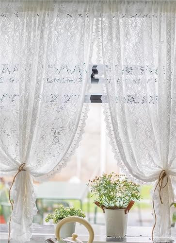 Yaland Jacquard Scheibengardine Landhausstil mit Blumenmuster Spitzenoptik durchscheinende Gardine mit Kräuselband in Küche, Wohnzummer 1 Stück HxB 130x140cm