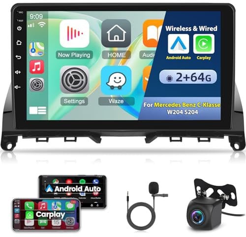 2+64G Android 13 Autoradio für Mercedes Benz C-Klasse W204 S204 2006-2011 - 9 Zoll Touchscreen Radio mit Carplay und Android Auto - WiFi GPS SWC Mirror Link + Rückfahrkamera & Mikrofon