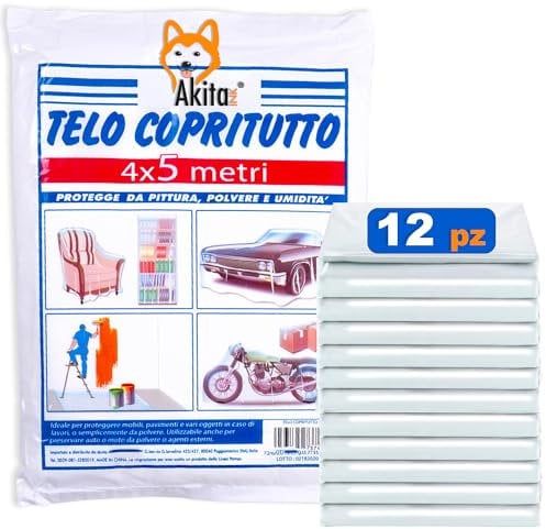 Akitaink - Set da 12 Telo copritutto, Teli per Imbiancare 4x5 m: Telo Protettivo per Pittura, Impermeabile - Coperture Plastica Multifunzione per Imbianchino - Copritutto per Lavori di Pittura