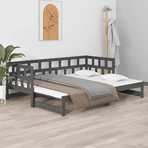 DJEKA Tagesbett Ausziehbar 2X(90x190) cm Jugendbett 90x190 cm Bett Mit Ausziehbett Grau-1 Tagesbett 90x190 Ausziehbar Tagesbett aus Holz Tagesbettgestell Sofabett Schlafsofa Massivholz Kiefer