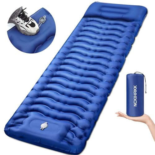 NCKIHRKK Colchon Hinchable Camping, 12 cm de Espesor Colchon Inflable Campings, Esterilla Hinchable Camping con Almohada y Bomba de Pie, Colchoneta Campings para Dormir para Senderismo Mochilero, Azul