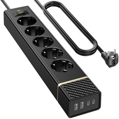 5 Fach Steckdosenleiste mit 2 USB C 3m Kabel, Airmom Mehrfachsteckdose 5fach Wandmontage mit 2 USB-A Anschlüssen, Überspannschutz, Schwarz
