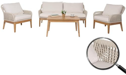 Mendler Gartengarnitur HWC-H56b, Lounge-Set Gartenlounge Sofa Sessel Tisch, Seilgeflecht Rope Holz Akazie - Creme