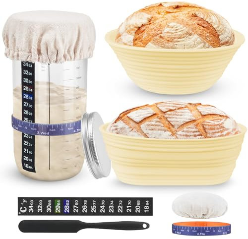 FOTEEMO Sourdough Starter Kit, 9 Inch Round & 10 Inch Oval Foldable Silicone Bread Proofing Baskets 24oz Sourdough Starter Jar Glass Durable Sourdough Bread Baking Supplies Easy to Clean (Yellow)
