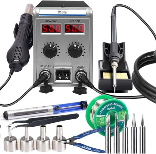 8586D Hot Air Rework Station Soldering Iron Station, 700W Soldering Iron 2 in 1 Solder Station Rework Station 100℃ to 500℃ Temp Fast Heating Cold/Hot Air Conversion for Soldering Rework DIY UK Plug